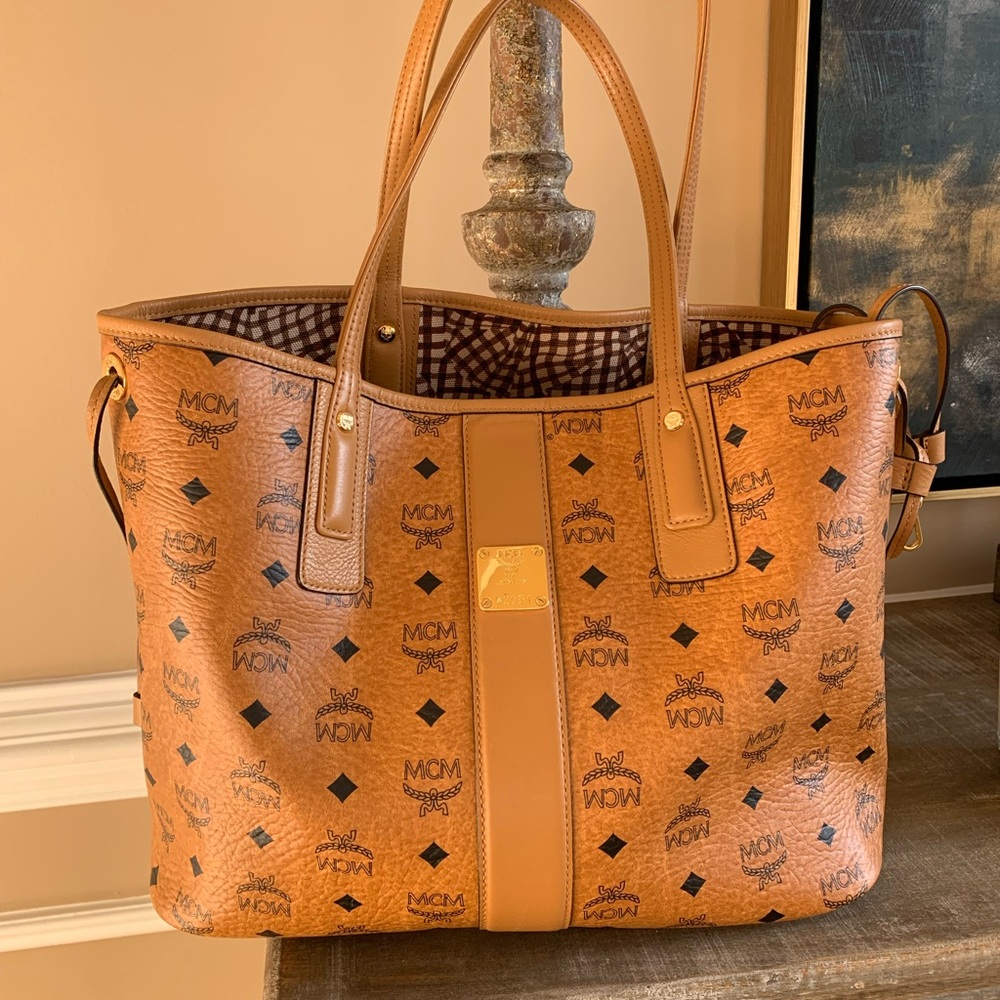 MCM Liz Reversible Tote Leather Canvas Cognac